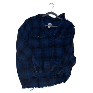 BDG Navy Blue Flannel Cropped Oversized Button Up